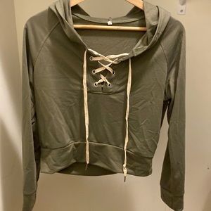 Olive Green Crop Top Hoodie with Front Tie Size L